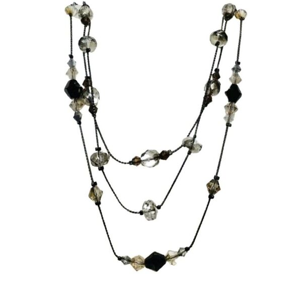 Vintage Faceted Shimmering Glass Beaded Gun Metal Multi 3 Tier Necklace 18” - Picture 1 of 7